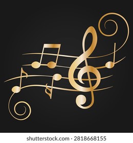 Golden music notes with swirls, vector illustration.