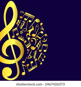 Golden music notes and treble clef on dark background, musical vector illustration.