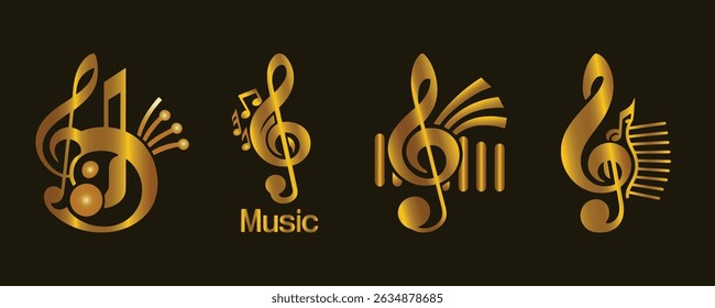 Golden Music Notes Vector Set. Elegant Treble Clefs with Abstract Elements and Symbols. Shiny Metallic Musical Icon Collection for Logos, Posters, Designs on Dark Background, Stylish Music Art
