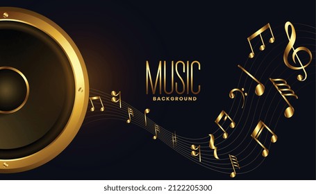 golden music speaker with sound notes wave background