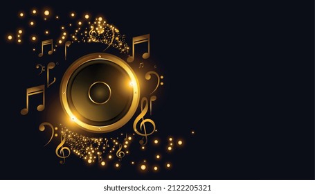 golden music speaker with sound notes background