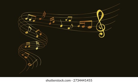 Golden music vector. Elegant treble clef. Flowing staff art. Metallic melody. Musical notation. Luxury sound wave. Gold rhythm design. Abstract audio art. Wavy sheet music. Premium song motif.
