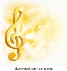 golden musical key with notes on yellow background