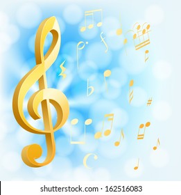 golden musical key with notes on blue background