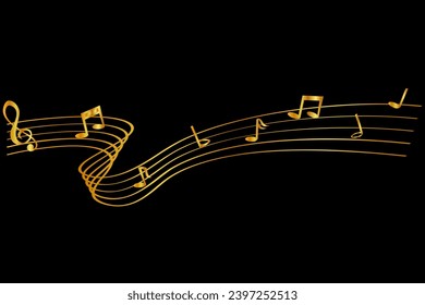 golden musical note and waving line, partitur at black background
