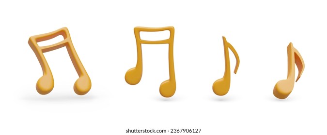 Golden musical notes in different positions. Set of musical signs on white background. Icons for color web design. Eighth and beamed eighth note. Illustrations for music website, application