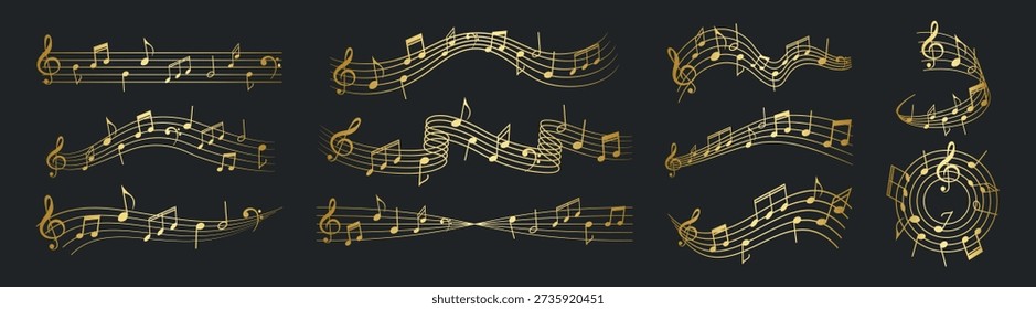 Golden musical notes and flowing staff lines vector illustration set on dark background