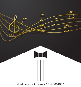 Golden musical notes flying isolated on black background. Gold vector symbols for melody recording, prints and back layers. eps 10