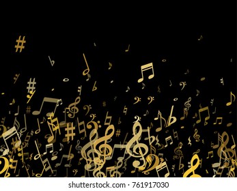 Golden musical notes flying isolated on black background. Stylish metallic musical notation symphony signs, notes for sound and music. Gold vector symbols for melody recording, prints and back layers.