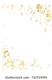 Golden musical notes flying isolated on white background. Stylish gold musical notation symphony signs, notes for sound and tune. Metallic vector symbols for melody recording, prints and back layers.