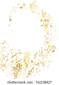 Golden musical notes flying isolated on white background. Stylish gold musical notation symphony signs, notes for sound and tune music. Vector symbols for melody recording, prints and back layers.