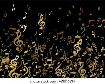 Golden musical notes flying isolated on black background. Stylish metallic musical notation symphony signs, notes for sound and music. Gold vector symbols for melody recording, prints and back layers.
