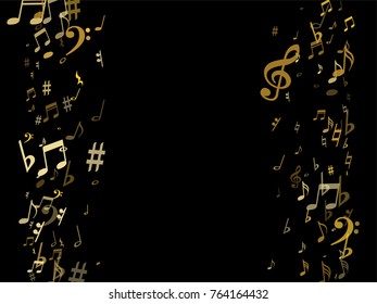Golden musical notes flying isolated on black background. Stylish metallic musical notation symphony signs, notes for sound and music. Gold vector symbols for melody recording, prints and back layers.