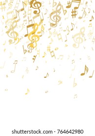 Golden musical notes flying isolated on white background. Stylish gold musical notation symphony signs, notes for sound and tune. Metallic vector symbols for melody recording, prints and back layers.