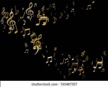 Goldene musikalische Noten fliegen einzeln auf schwarzem Hintergrund. Stilvolle metallische Notensymphoniezeichen, Noten für Klang und Musik. Gold-Vektorsymbole für Melodie-Aufnahme, Drucke und Hinterschichten.