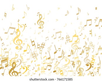 Golden musical notes flying isolated on white background. Stylish gold musical notation symphony signs, notes for sound and tune. Metallic vector symbols for melody recording, prints and back layers.