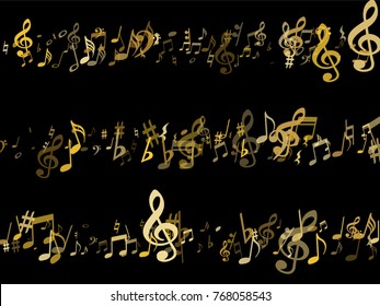 Golden musical notes flying isolated on black background. Stylish metallic musical notation symphony signs, notes for sound and music. Gold vector symbols for melody recording, prints and back layers.