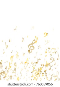 Golden musical notes flying isolated on white background. Stylish gold musical notation symphony signs, notes for sound and tune. Metallic vector symbols for melody recording, prints and back layers.