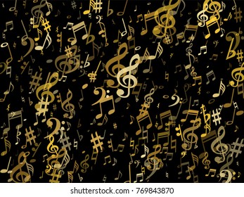 Golden musical notes flying isolated on black background. Stylish metallic musical notation symphony signs, notes for sound and music. Gold vector symbols for melody recording, prints and back layers.