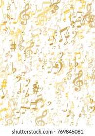Golden musical notes flying isolated on white background. Stylish gold musical notation symphony signs, notes for sound and tune. Metallic vector symbols for melody recording, prints and back layers.