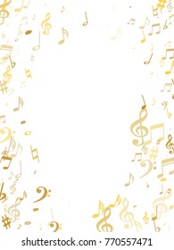 Golden musical notes flying isolated on white background. Stylish gold musical notation symphony signs, notes for sound and tune. Metallic vector symbols for melody recording, prints and back layers.