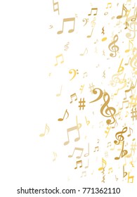 Golden musical notes flying isolated on white background. Stylish gold musical notation symphony signs, notes for sound and tune. Metallic vector symbols for melody recording, prints and back layers.
