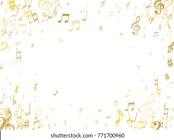 Golden musical notes flying isolated on white background. Stylish gold musical notation symphony signs, notes for sound and tune. Metallic vector symbols for melody recording, prints and back layers.