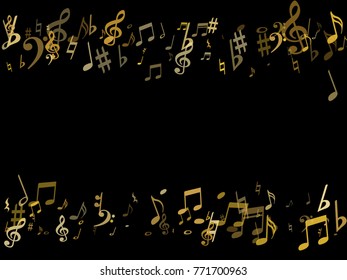 Golden musical notes flying isolated on black background. Stylish metallic musical notation symphony signs, notes for sound and music. Gold vector symbols for melody recording, prints and back layers.