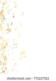 Golden musical notes flying isolated on white background. Stylish gold musical notation symphony signs, notes for sound and tune. Metallic vector symbols for melody recording, prints and back layers.