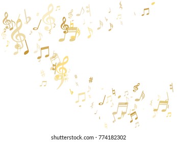 Golden musical notes flying isolated on white background. Stylish gold musical notation symphony signs, notes for sound and tune. Metallic vector symbols for melody recording, prints and back layers.