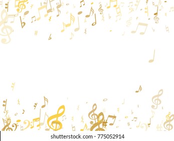 Golden musical notes flying isolated on white background. Stylish gold musical notation symphony signs, notes for sound and tune. Metallic vector symbols for melody recording, prints and back layers.