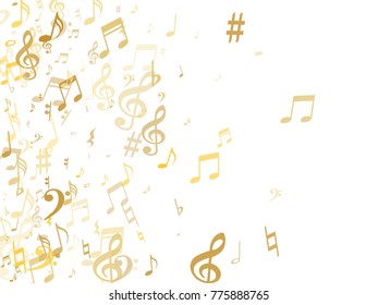 Golden musical notes flying isolated on white background. Stylish gold musical notation symphony signs, notes for sound and tune. Metallic vector symbols for melody recording, prints and back layers.