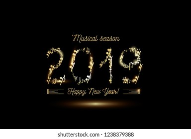 Golden musical notes in the form of numbers year 2019. Vector gold on black style