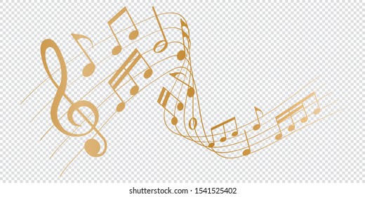 golden musical notes melody on transparent background