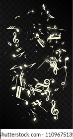 Golden Musical Notes on Black Background. Vector Luminous Musical Symbols. 
 Many Random Falling Notes, Bass and Treble Clef.
 Magic Jazz Background.  Abstract Black and White Vector Illustration.
