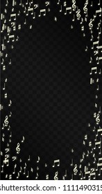 Golden Musical Notes on Black Background. Vector Luminous Musical Symbols. 
 Many Random Falling Notes, Bass and Treble Clef.
 Magic Jazz Background.  Abstract Black and White Vector Illustration.