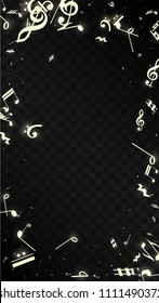 Golden Musical Notes on Black Background. Vector Luminous Musical Symbols. 
 Many Random Falling Notes, Bass and Treble Clef.
 Jazz Background.  Abstract Black and White Vector Illustration.