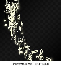 Golden Musical Notes on Black Background. Vector Luminous Musical Symbols. 
 Many Random Falling Notes, Bass and Treble Clef.
 Magic Jazz Background.  Abstract Black and White Vector Illustration.