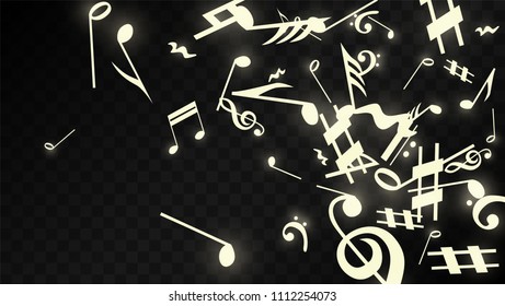 Golden Musical Notes on Black Background. Vector Luminous Musical Symbols. 
 Many Random Falling Notes, Bass and Treble Clef.
 Jazz Background.  Abstract Black and White Vector Illustration.