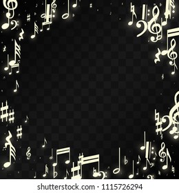 Golden Musical Notes on Black Background. Vector Luminous Musical Symbols. 
 Many Random Falling Notes, Bass and Treble Clef.
 Jazz Background.  Abstract Black and White Vector Illustration.
