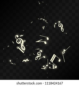 Golden Musical Notes on Black Background. Vector Luminous Musical Symbols. 
 Many Random Falling Notes, Bass and Treble Clef.
 Magic Jazz Background.  Abstract Black and White Vector Illustration.