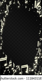 Golden Musical Notes on Black Background. Vector Luminous Musical Symbols. 
 Many Random Falling Notes, Bass and Treble Clef.
 Magic Jazz Background.  Abstract Black and White Vector Illustration.