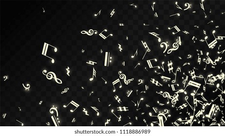 Golden Musical Notes on Black Background. Vector Luminous Musical Symbols. 
 Many Random Falling Notes, Bass and Treble Clef.
 Jazz Background.  Abstract Black and White Vector Illustration.