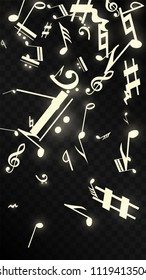 Golden Musical Notes on Black Background. Vector Luminous Musical Symbols. Many Random Falling Notes, Bass and Treble Clef. Magic Jazz Background.  Abstract Black and White Vector Illustration.