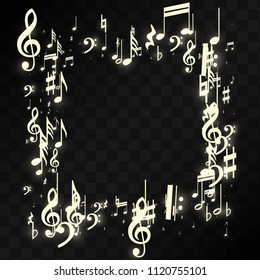 Golden Musical Notes on Black Background. Vector Luminous Musical Symbols. 
 Many Random Falling Notes, Bass and Treble Clef.
 Magic Jazz Background.  Abstract Black and White Vector Illustration.