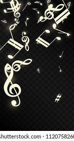 Golden Musical Notes on Black Background. Vector Luminous Musical Symbols. 
 Many Random Falling Notes, Bass and Treble Clef.
 Magic Jazz Background.  Abstract Black and White Vector Illustration.