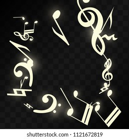Golden Musical Notes on Black Background. Vector Luminous Musical Symbols. 
 Many Random Falling Notes, Bass and Treble Clef.
 Magic Jazz Background.  Abstract Black and White Vector Illustration.