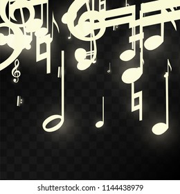 Golden Musical Notes on Black Background. Vector Luminous Musical Symbols. 
 Many Random Falling Notes, Bass and Treble Clef.
 Jazz Background.  Abstract Black and White Vector Illustration.