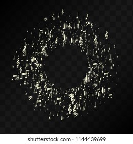 Golden Musical Notes on Black Background. Vector Luminous Musical Symbols. Many Random Falling Notes, Bass and Treble Clef.
 Jazz Background.  Abstract Black and White Vector Illustration.