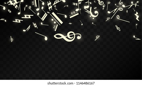 Golden Musical Notes on Black Background. Vector Luminous Musical Symbols. 
 Many Random Falling Notes, Bass and Treble Clef.
 Jazz Background.  Abstract Black and White Vector Illustration.